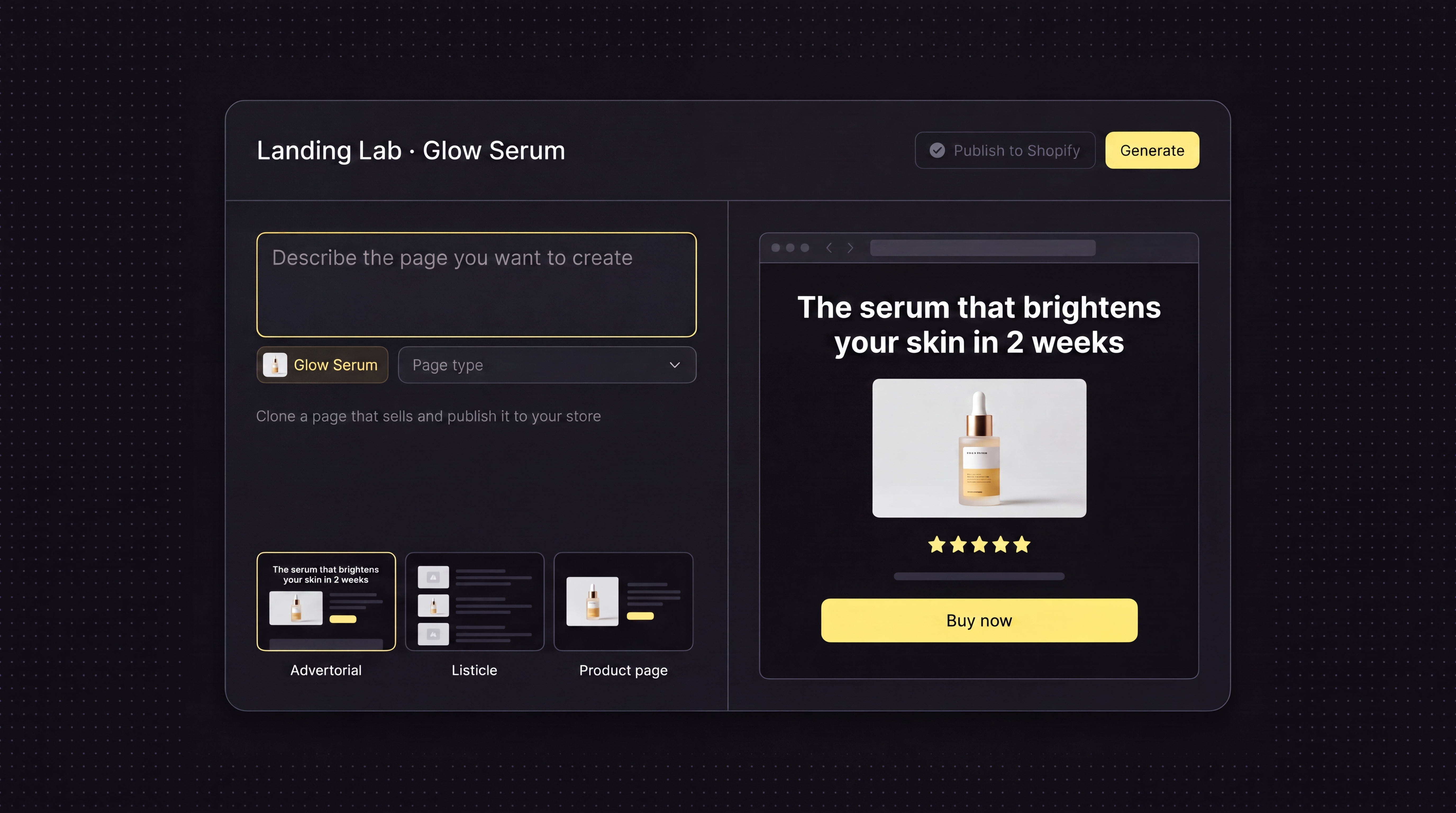 Landing Lab: describe the page, clone it, and publish it to Shopify with a live preview